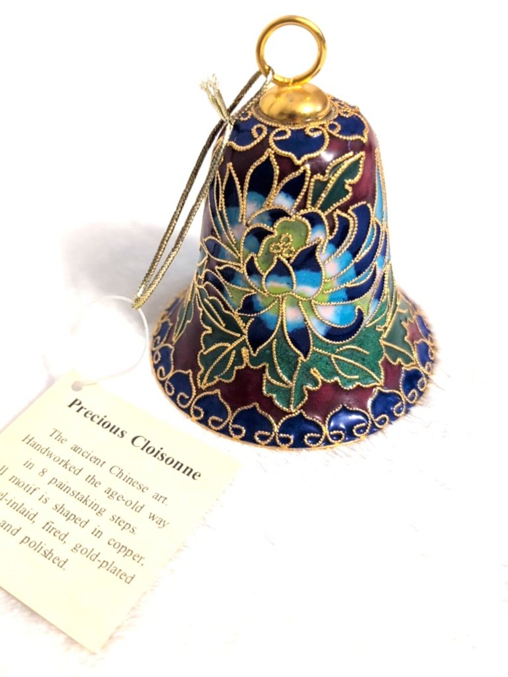 Cloisonne Gold Plated Copper Enamel Inlaid Working Bell Ornament w/ Orig Tag